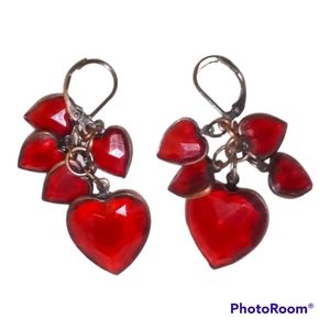 Red glass and silvertone heart earrings